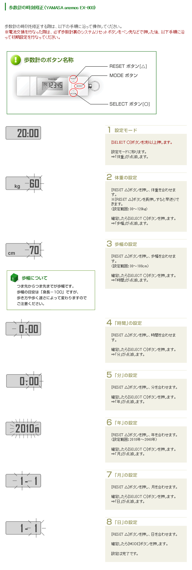 歩数計の時刻修正